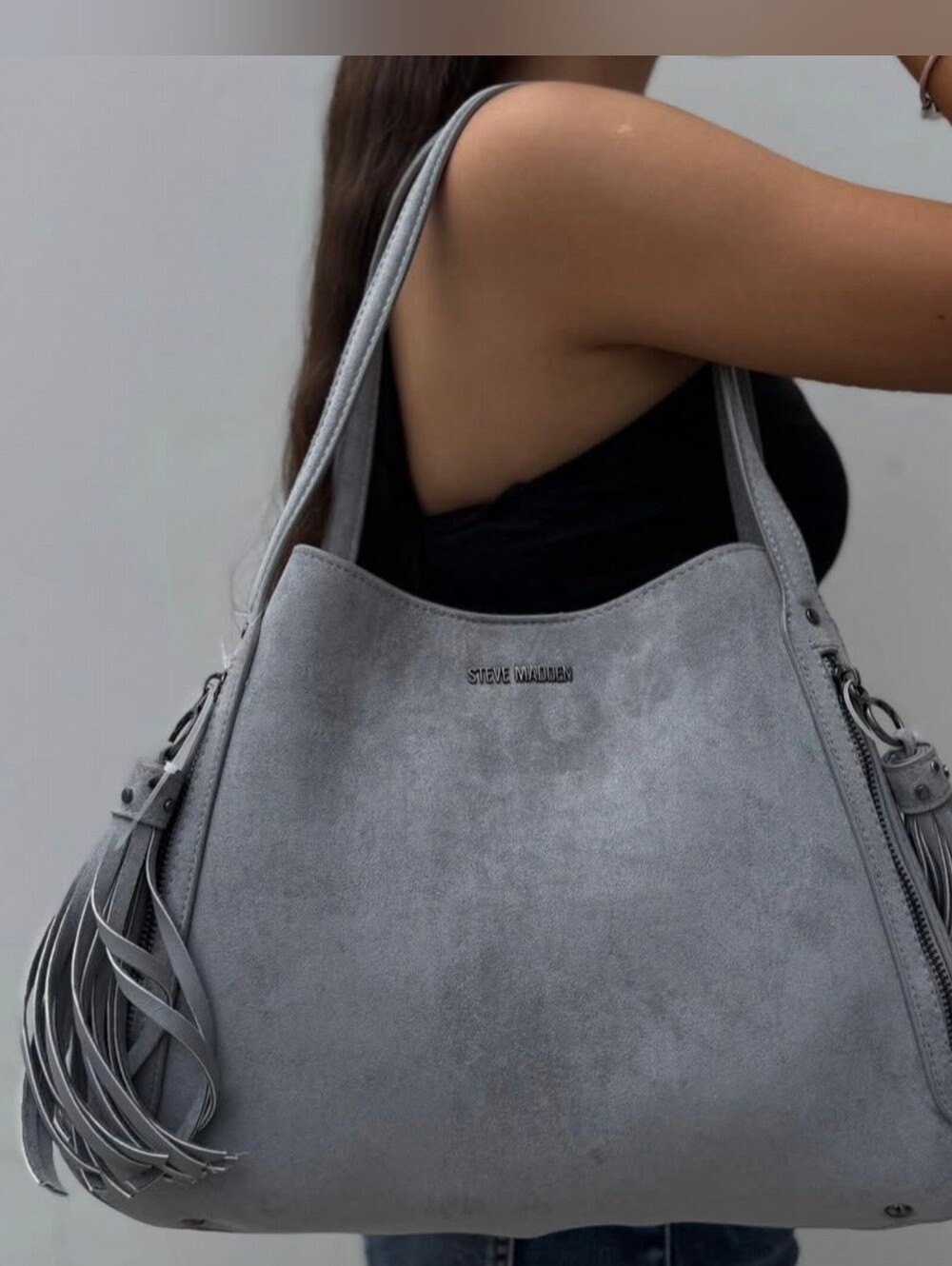 Steve Madden Gray Suede Shoulder Tote with Tassels